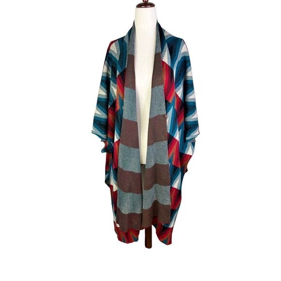 Joseph A Woman cardigan One size (M/L) duster wrap jacket blue red Aztec print - Picture 1 of 11